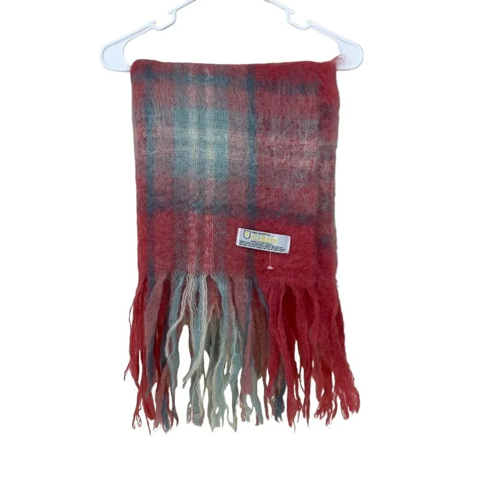 St Albans Pure Mohair Pile Fringed Checked Oversized Scarf‎ Shawl Australia NWOT